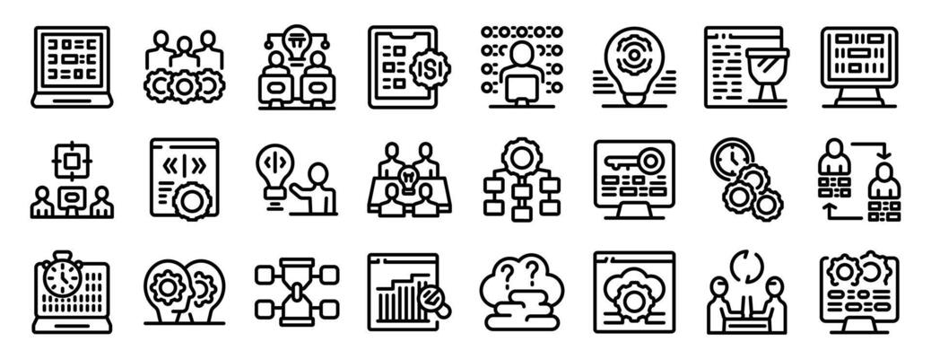 Hackathon icon set. Icons depicting software development lifecycle, teamwork, coding, testing, and project management