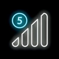 Neon signal icon showing five bars connection level vector