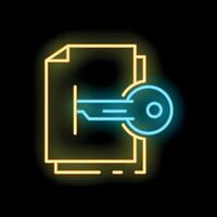 Neon icon of key unlocking confidential documents representing data security vector