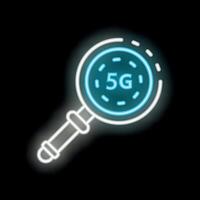 Neon magnifying glass searching for 5g wireless connection signal vector