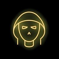 Neon sign showing hacker wearing a hoodie with suspicious look on his face vector