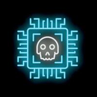 Neon blue processor icon with skull warning of cyber danger vector