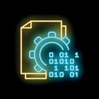 Neon icon of digital documents being processed by algorithm vector