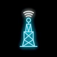 Blue neon icon of radio tower transmitting signal on black background vector