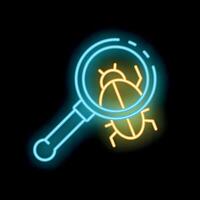 Neon icon of magnifying glass detecting a bug, cybersecurity concept vector
