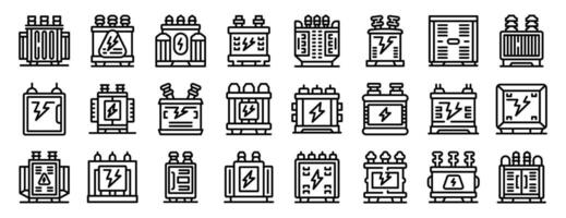 Transformer energy icon set. Electric transformer icons showing power distribution and conversion equipment vector