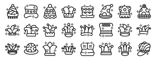 Clown hat icon set. Set of jester hats and funny headwear icons representing entertainment and celebration vector