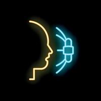 Neon icon of human head receiving digital data through neural interface vector