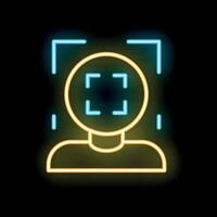 Neon icon of face recognition software scanning person vector