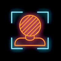 Neon icon of face recognition software scanning a person with facial biometrics vector