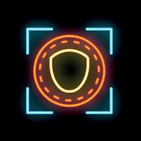 Neon sign representing secure transaction with shield inside frame vector