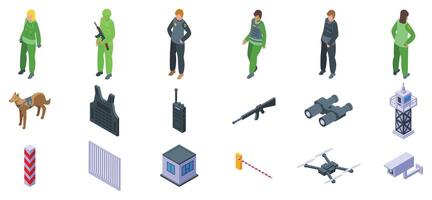 Border guard icon set. Border security icons showing guards, equipment, and surveillance technology vector
