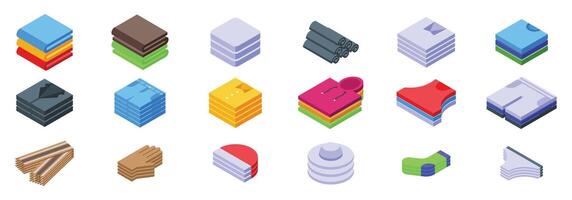 Folded clothes stack icon set. Textile worker folding clothes and organizing apparel production line vector