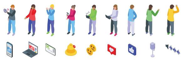 Listen social media icon set. People sharing content, giving feedback, and using social media icons in isometric view vector