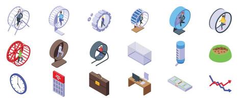 Woman running hamster wheel icon set. Businessman running in hamster wheel representing corporate rat race and routine work vector