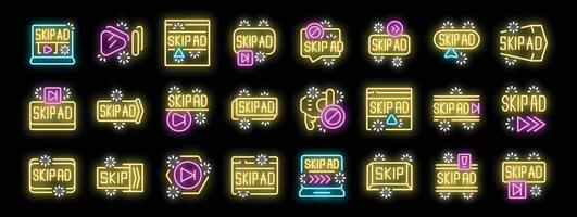 Neon icons representing skip ad feature for seamless viewing experience vector