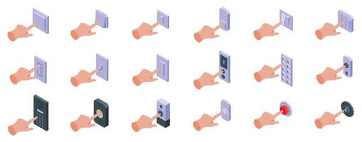 Finger pressing wall button icon set. Hands activating various switches, buttons, and keypads, isometric icons of user interaction vector