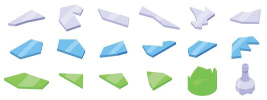 Broken glass fragments icon set. Board game glass pieces showing different shapes and colors vector