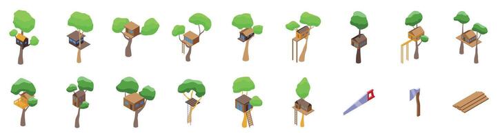 Treehouse icon set. Tree house icons showing different designs and building tools vector