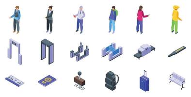 Passport border control icon set. Airport security check with passengers showing documents and luggage passing through x ray scanner vector