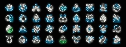 Set of neon water drop icons glowing on dark background vector