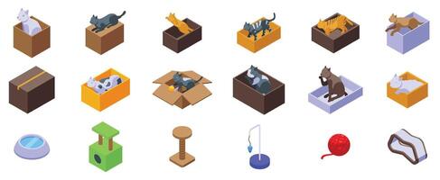 Cat cardboard box icon set. Cats playing and relaxing with boxes, scratching posts, toys, food and water bowls vector