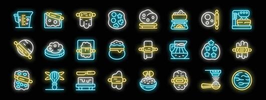 Baking ingredients and tools in neon style, rolling pins, dough, measuring cups, and mixers illuminating culinary creations vector