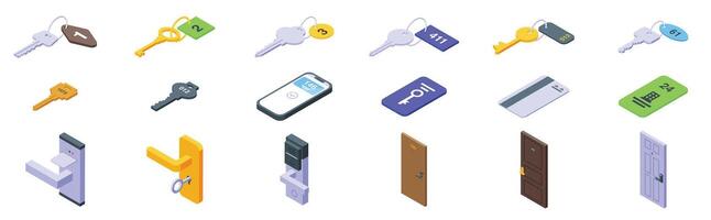 Door key hotel room icon set. Hotel room keys, door handles, key cards, and mobile access icons depicting modern security and access control vector