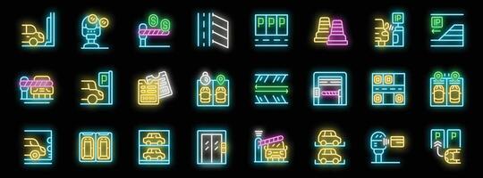 Parking garage and parking meter neon icon set with cars entering and exiting vector