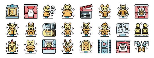 Puppet show icons featuring various animal puppets, stage, and movie production elements vector