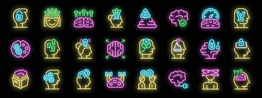 Neon icons representing mindset, brain training, and mental processes vector