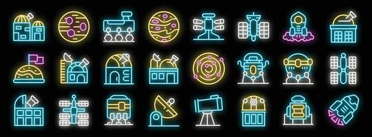 Neon icons representing space exploration and astronomical observation vector