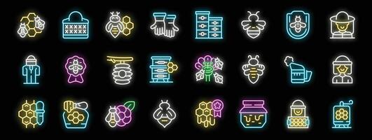Beekeeping neon icon set with honeycomb, beekeeper, honey jar, and beehive vector