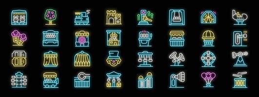 Amusement park neon icons representing entertainment and recreation activities vector