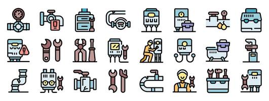 Plumbing service icons showing pipes, wrenches, and plumbers working vector