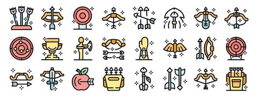 Archery icons showing bows, arrows, targets, and quivers for sporting and hunting activities vector