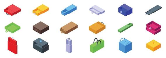 Slide box ribbon icon set. Matchboxes icons set isometric view showing different styles and colors vector