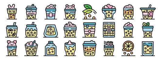Bubble tea icons showing refreshing tapioca pearl drinks with whipped cream, fruits, and various toppings vector