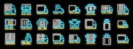 Truck icons set, delivery truck, cargo van, shipping vehicle in neon style vector