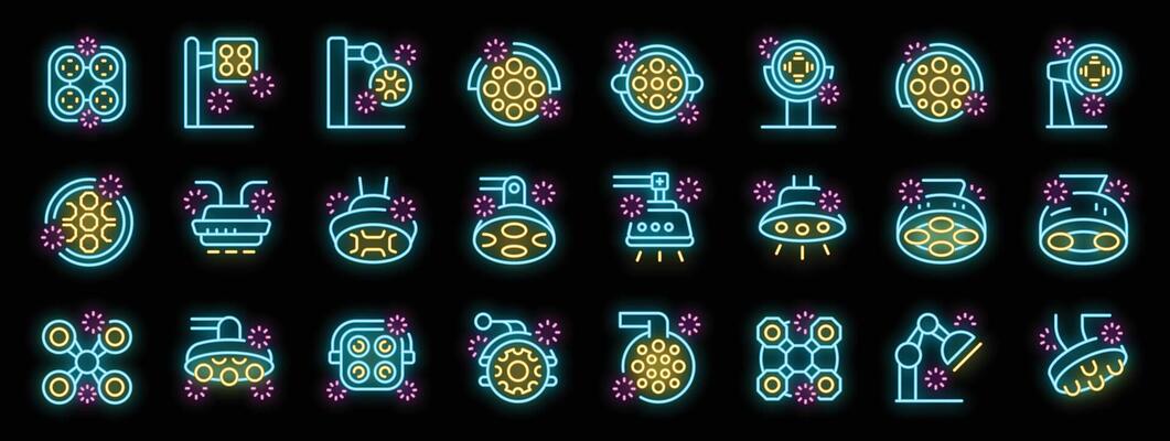 Surgical lamp icons set, neon light style. Surgical lighting providing illumination during medical procedures