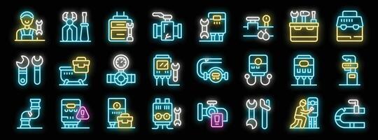 Plumber fixing pipes and boiler with neon effect icons representing plumbing services vector
