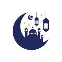 Crescent Moon Embracing Mosque, Stars, and Lanterns Design vector