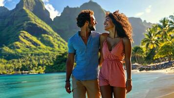 A couple standing on the beach with mountains in the background video