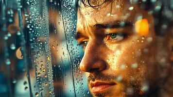 A man looking out the window with raindrops on his face video