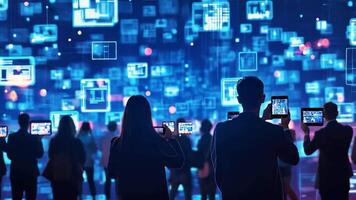 People are standing in front of a screen with many different icons video
