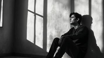 A man sitting in front of a window with his back to the wall video