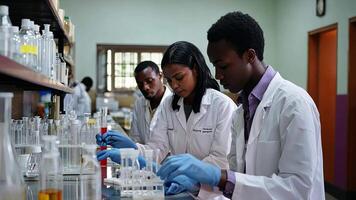 Two people in lab coats working on a project video