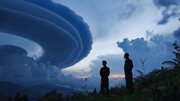Two people stand in front of a large storm cloud video