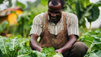 A man is kneeling in the middle of a field with a large green vegetable video