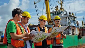 Three men in hard hats standing on a ship with a map video
